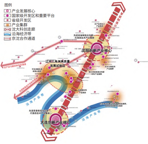 遼寧省“兩核兩區(qū)、雙軸多廊”的產(chǎn)業(yè)空間總體格局示意圖