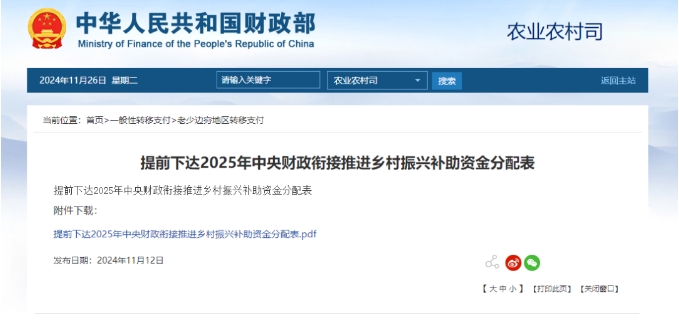 提前下達2025年中央財政銜接推進鄉(xiāng)村振興補助資金